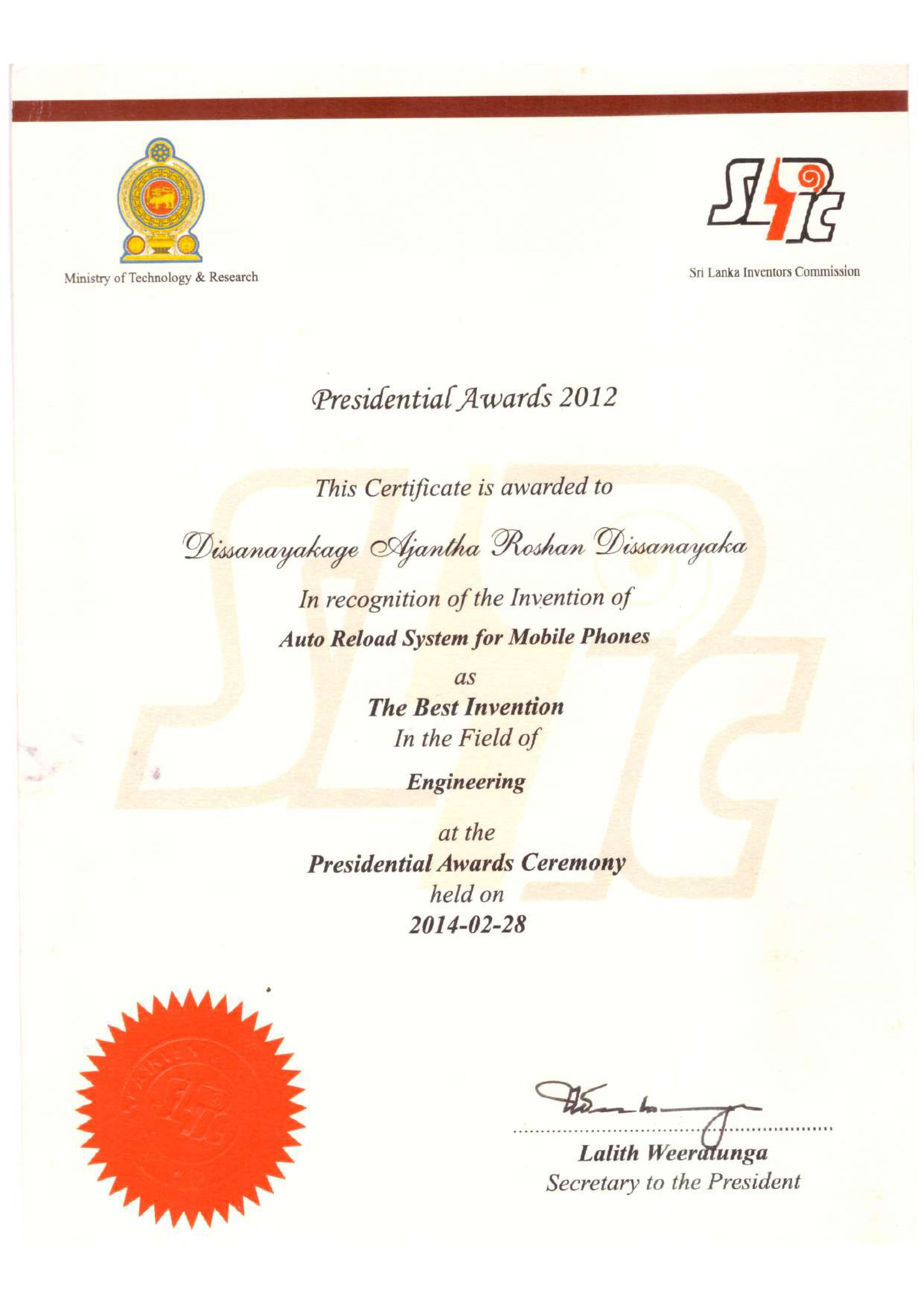 Presidential Gold Award for the Reload Machine